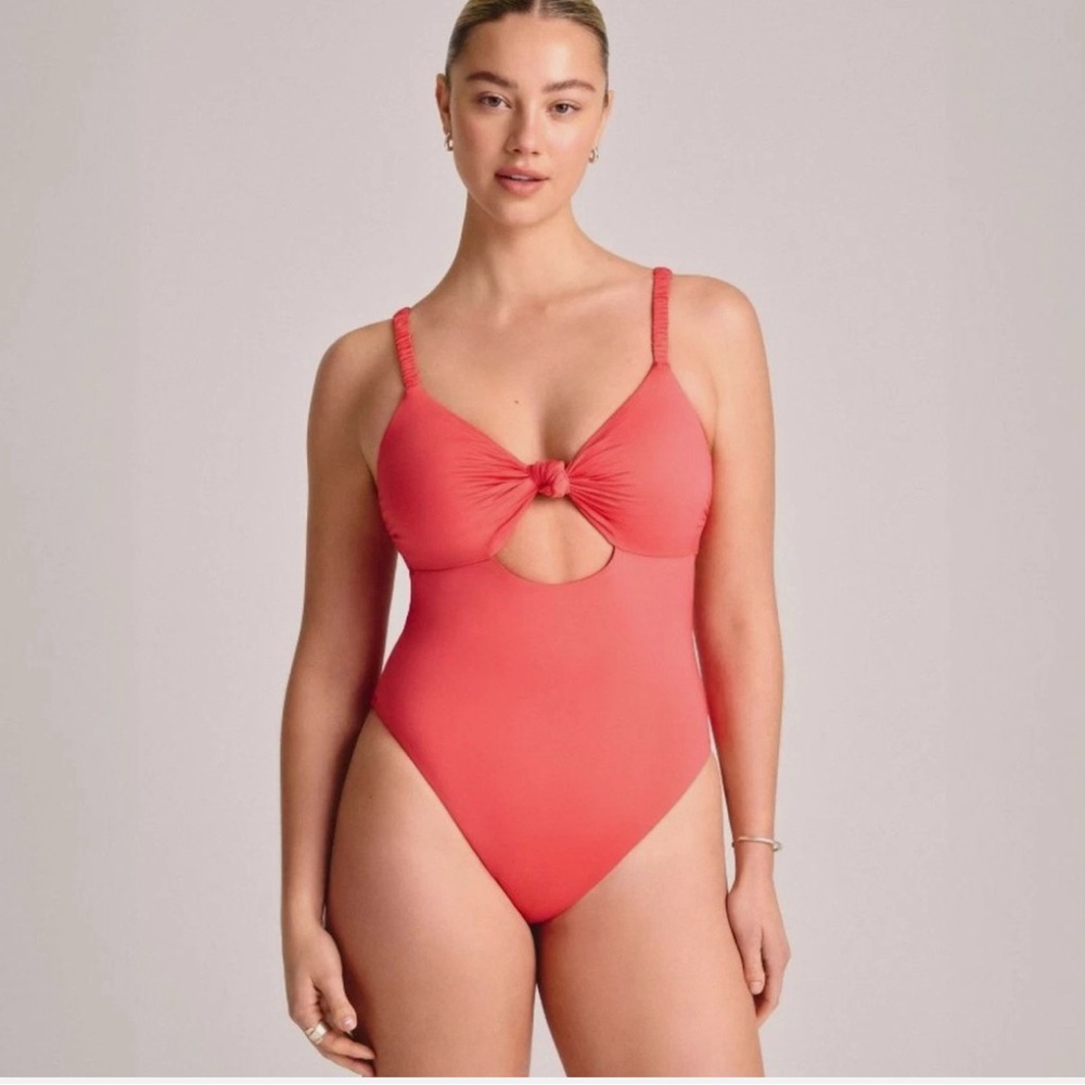 Vitamin A Knotted Front One-Piece Coral Swimsuit with Ruched Straps & Tie Back